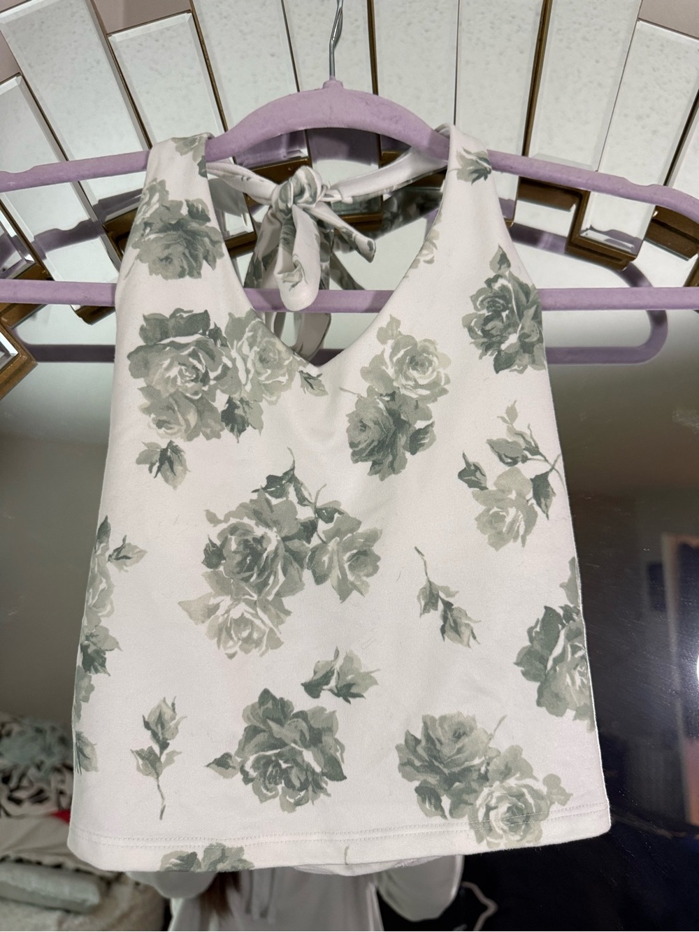 Hollister Cream Halter Cropped Tanktop with Sage Floral Print